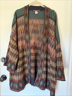 Peruvian Connection open front patterned cardigan wool silk alpaca Aztec fall